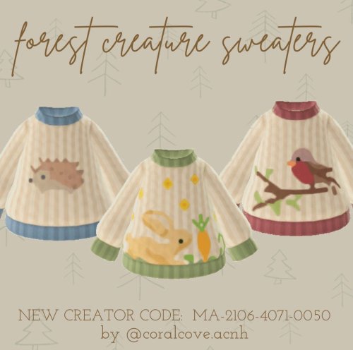 ACNH QR Codes crossingdesignsforest creature sweaters by @ac coralcove on