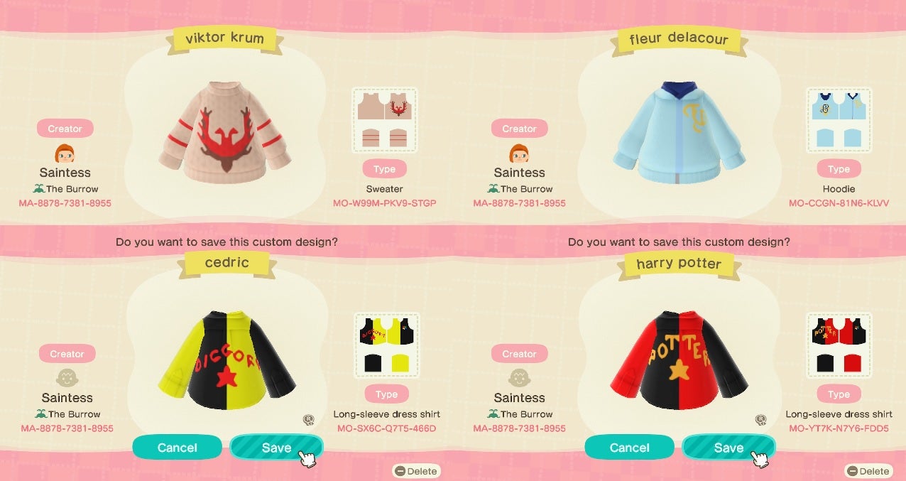 Animal Crossing Tried to make movie accurate Triwizard Champion shirts