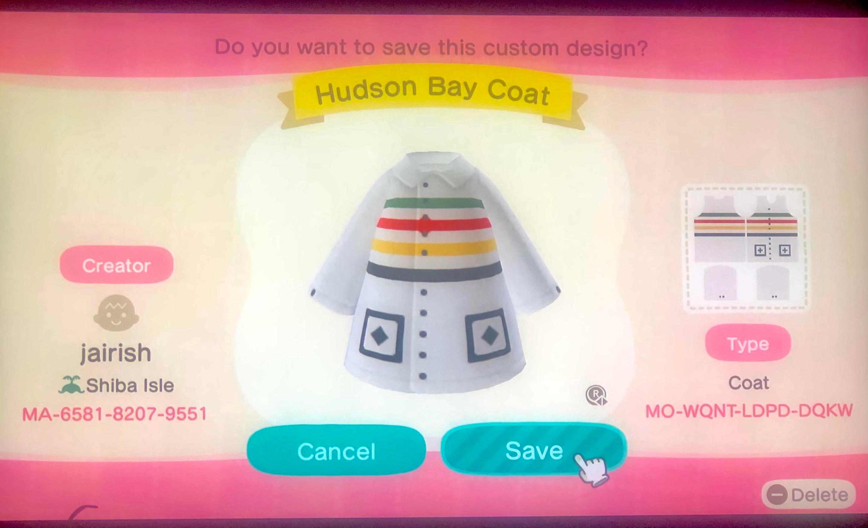 Animal Crossing Vintage Hudson Bay Coat 1st design